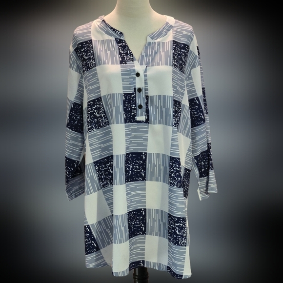 Navy & White Checkered Henley Style Button Up Print Tunic 3/4 Sleeve Women’s 3XL - Picture 1 of 10